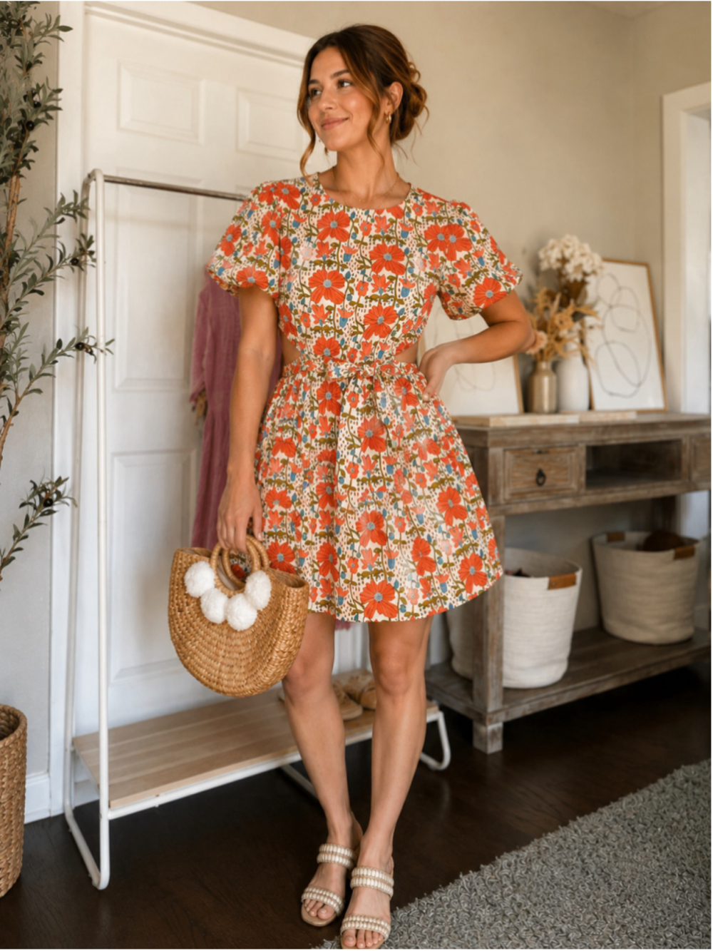 Floral Puff Sleeve Cutout Mini Dress Cottagecore Wedding Guest Cotton L